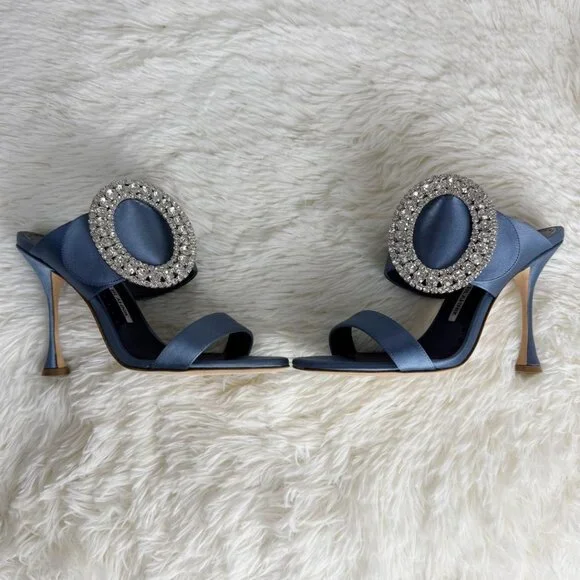 Manolo Blahnik Blue Satin Fibiona Mules Heels Swarovski Rhinestone Sandals - Picture 3 of 6